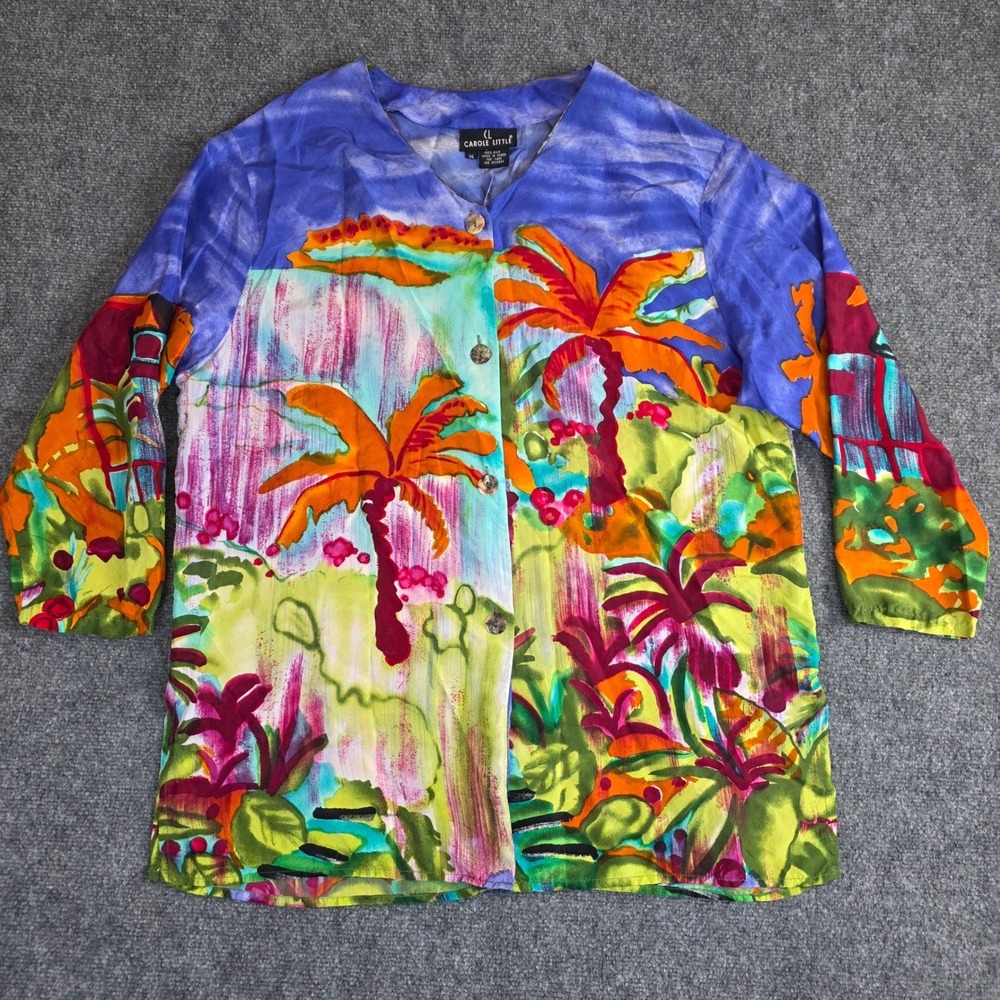 VTG Carole Little Skirt Set 14 Tropical Silk Button Up Boho Art To Wear Peasant